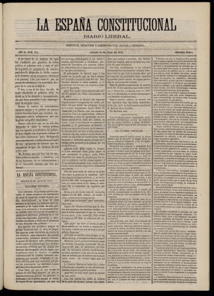 Miniatura de La España Constitucional : diario liberal del sábado 20 de julio de 1872. Número 314