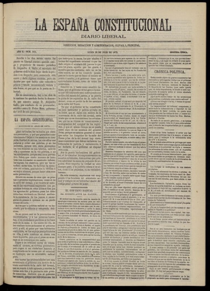 Miniatura de La España Constitucional : diario liberal del lunes 22 de julio de 1872. Número 315