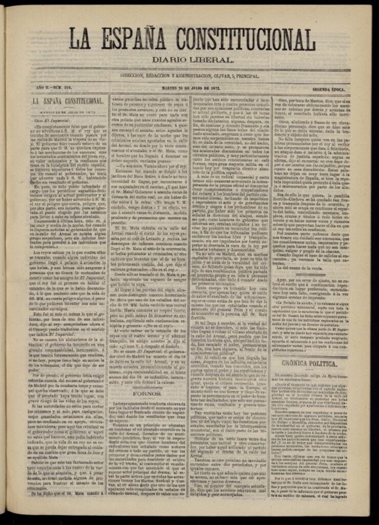 Miniatura de La España Constitucional : diario liberal del martes 23 de julio de 1872. Número 316