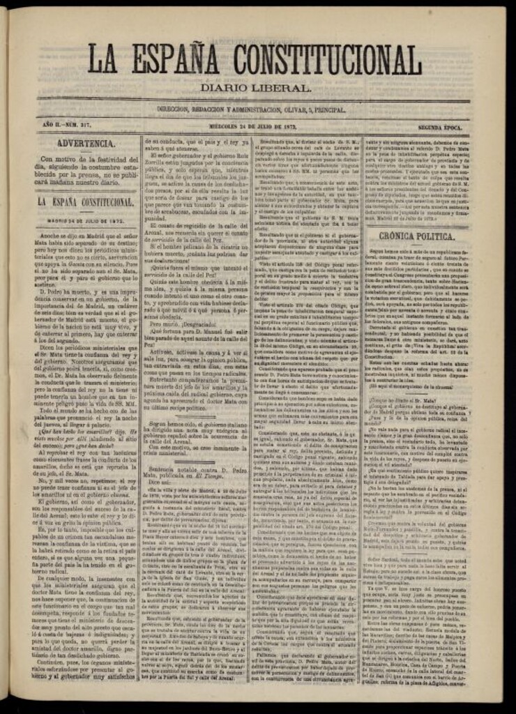 Miniatura de La España Constitucional : diario liberal del miércoles 24 de julio de 1872. Número 317
