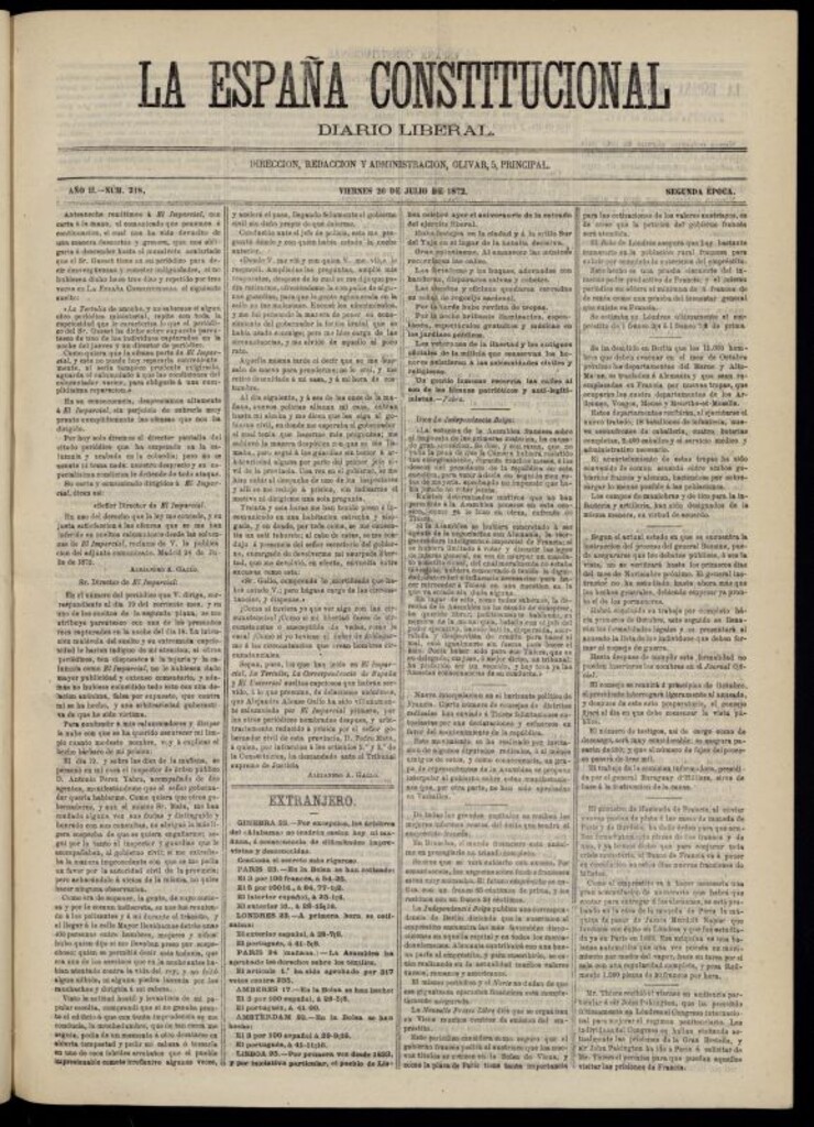 Miniatura de La España Constitucional : diario liberal del viernes 26 de julio de 1872. Número 318