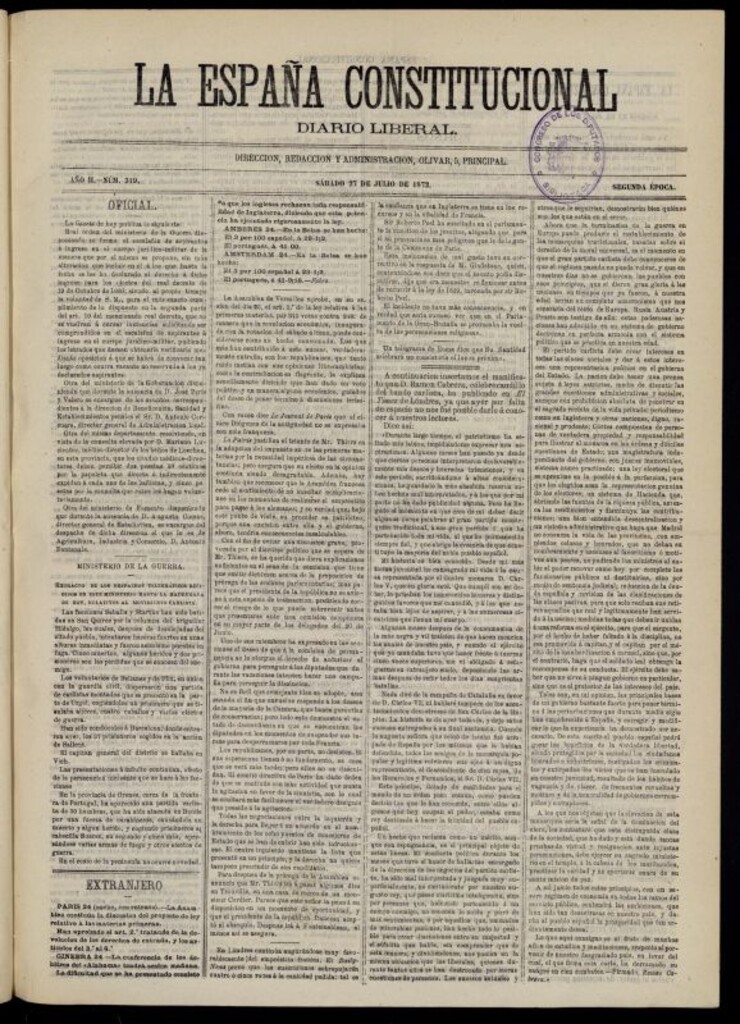 Miniatura de La España Constitucional : diario liberal del sábado 27 de julio de 1872. Número 319