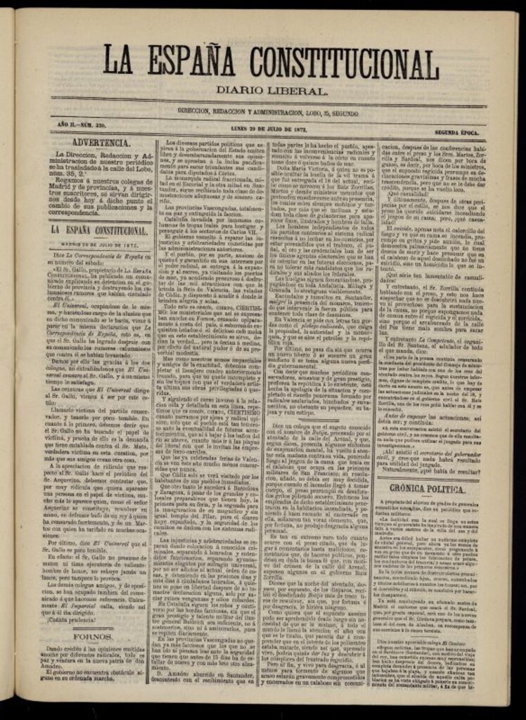 Miniatura de La España Constitucional : diario liberal del lunes 29 de julio de 1872. Número 320