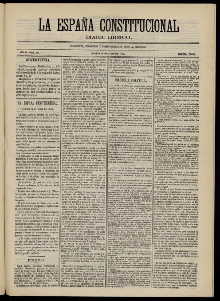 Miniatura de La España Constitucional : diario liberal del martes 30 de julio de 1872. Número 321