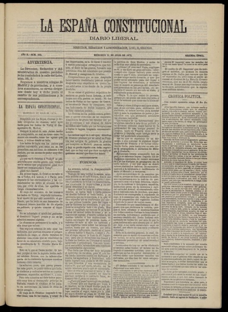 Miniatura de La España Constitucional : diario liberal del miércoles 31 de julio de 1872. Número 322