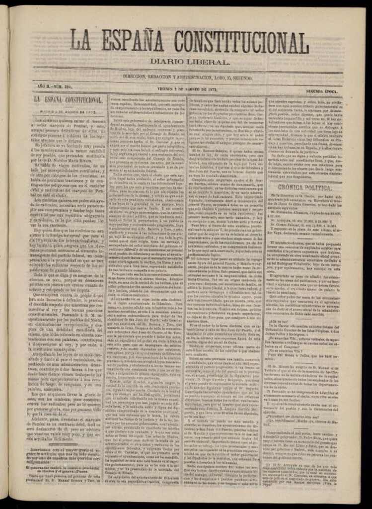 Miniatura de La España Constitucional : diario liberal del viernes 2 de agosto de 1872. Número 324