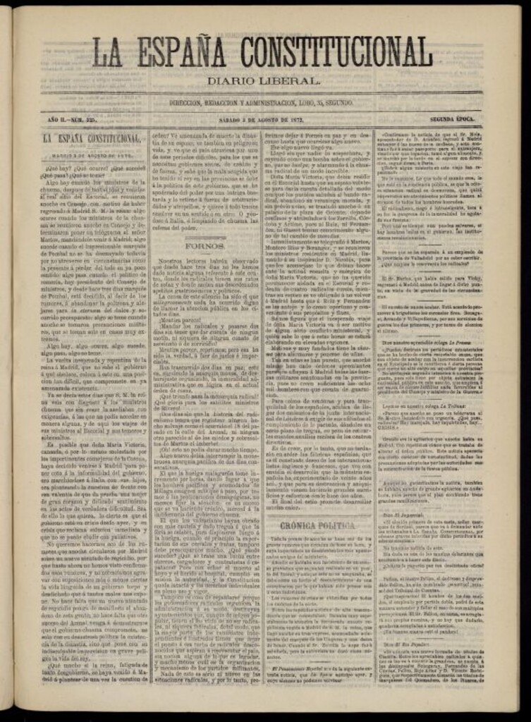 Miniatura de La España Constitucional : diario liberal del sábado 3 de agosto de 1872. Número 325