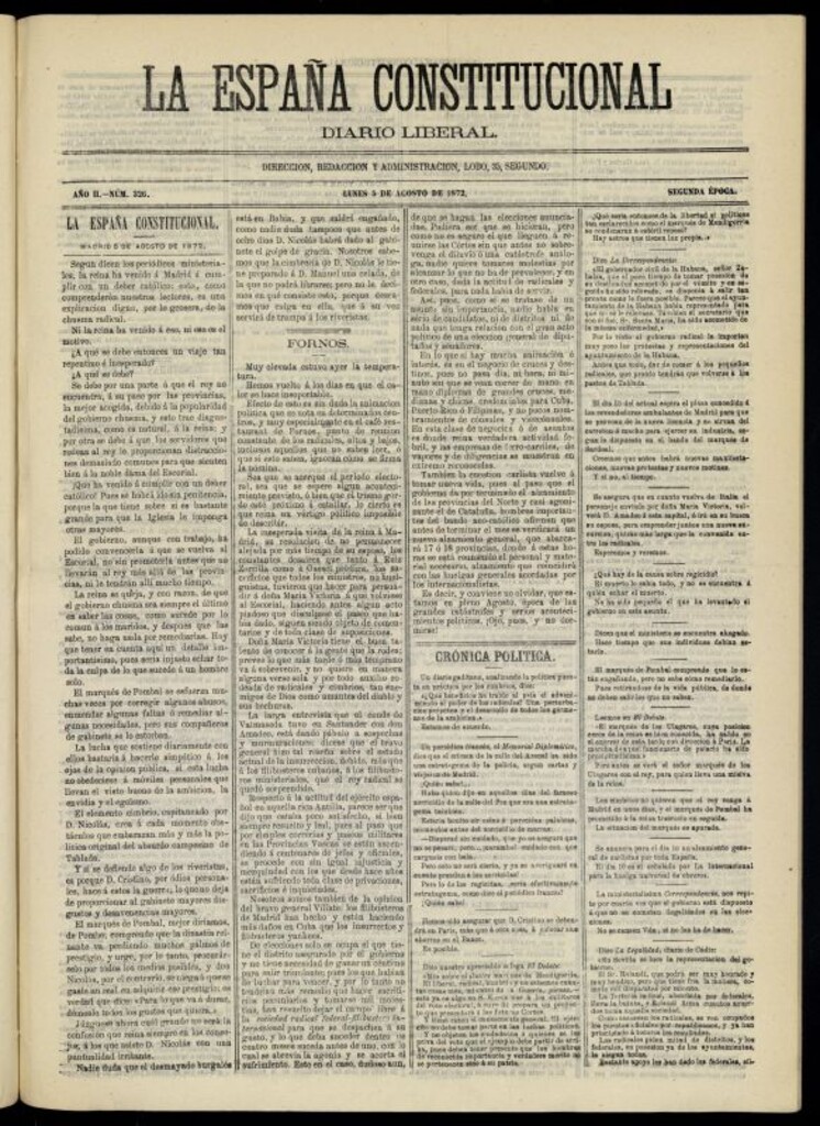 Miniatura de La España Constitucional : diario liberal del lunes 5 de agosto de 1872. Número 326