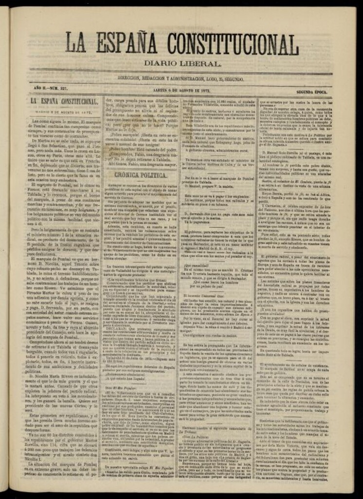 Miniatura de La España Constitucional : diario liberal del martes 6 de agosto de 1872. Número 327