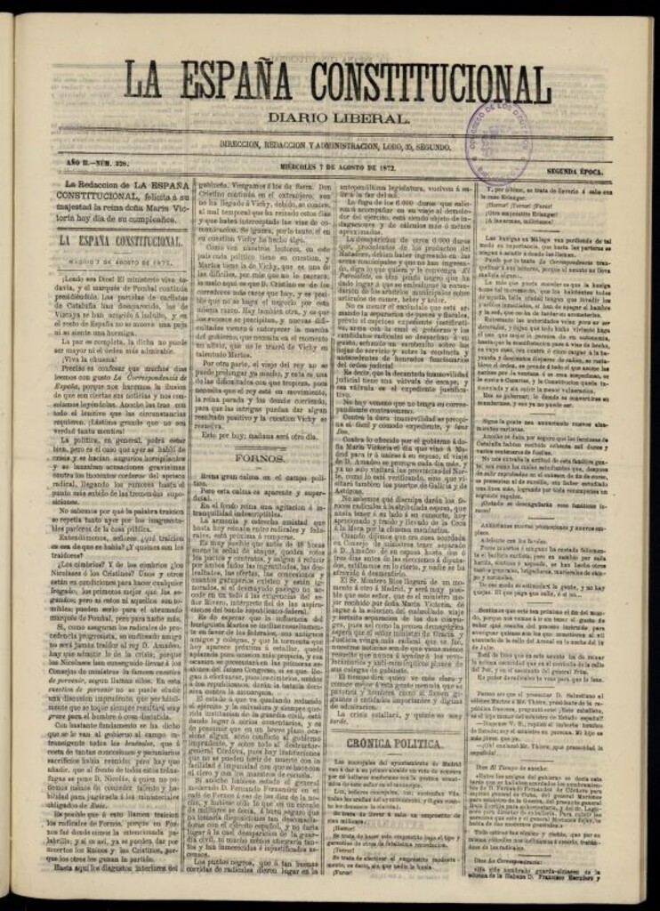 Miniatura de La España Constitucional : diario liberal del miércoles 7 de agosto de 1872. Número 328