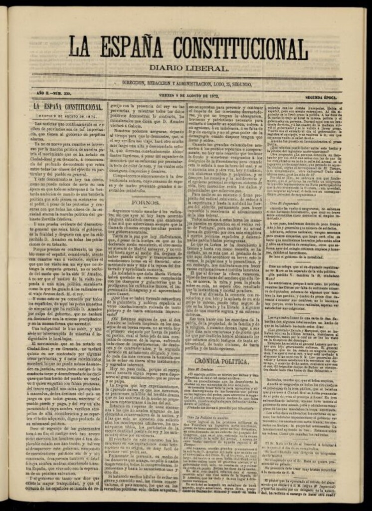 Miniatura de La España Constitucional : diario liberal del viernes 9 de agosto de 1872. Número 330