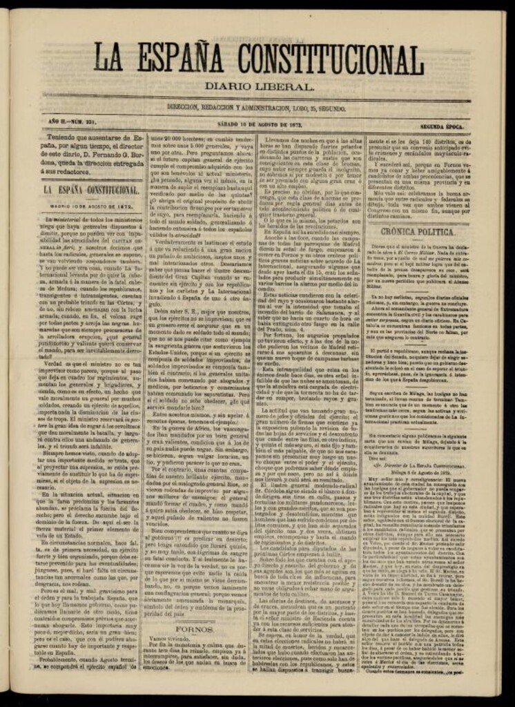 Miniatura de La España Constitucional : diario liberal del sábado 10 de agosto de 1872. Número 331