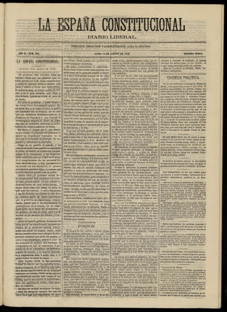 Miniatura de La España Constitucional : diario liberal del lunes 12 de agosto de 1872. Número 332