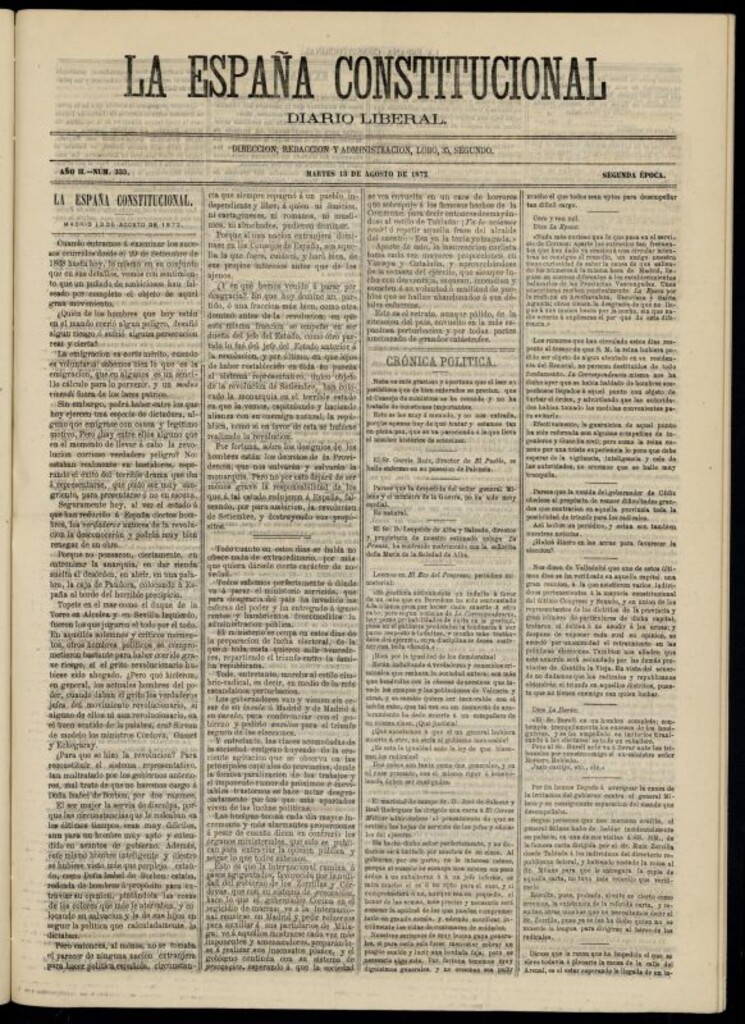 Miniatura de La España Constitucional : diario liberal del martes 13 de agosto de 1872. Número 333