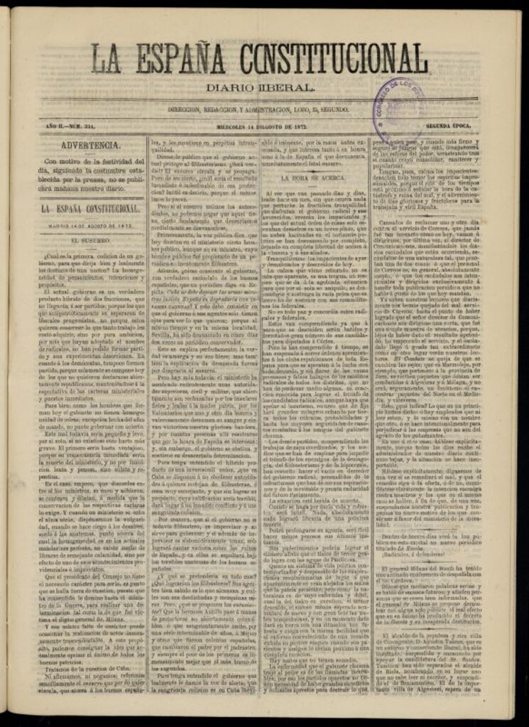 Miniatura de La España Constitucional : diario liberal del miércoles 14 de agosto de 1872. Número 334