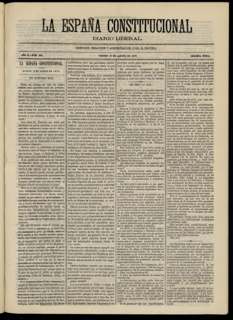 Miniatura de La España Constitucional : diario liberal del viernes 16 de agosto de 1872. Número 335