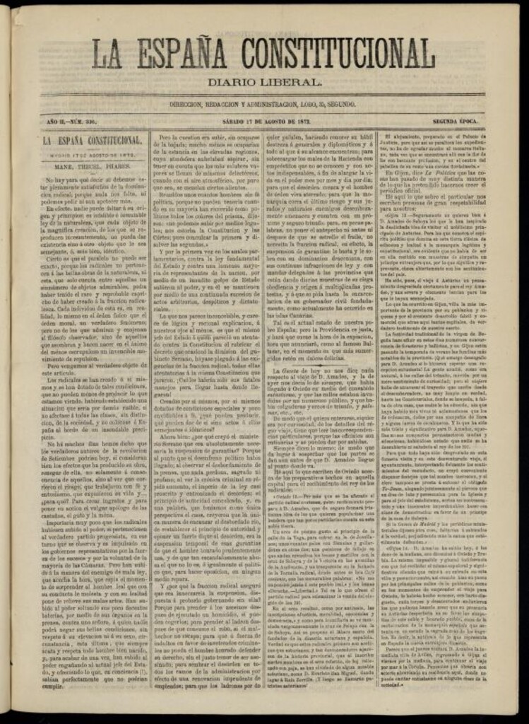 Miniatura de La España Constitucional : diario liberal del sábado 17 de agosto de 1872. Número 336
