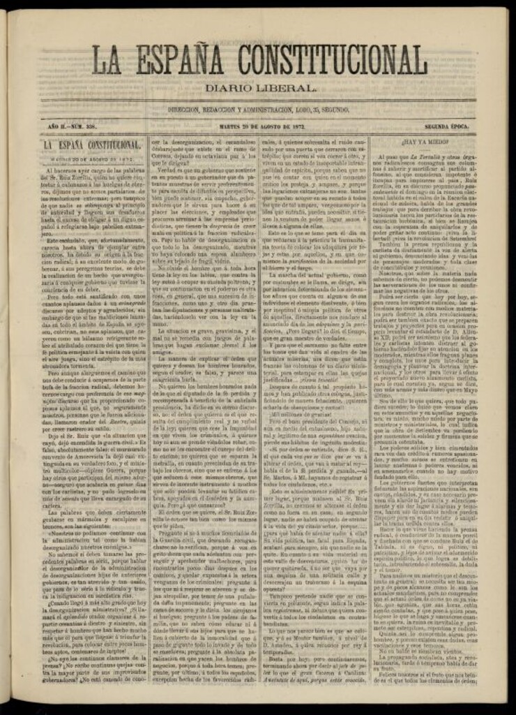 Miniatura de La España Constitucional : diario liberal del martes 20 de agosto de 1872. Número 338