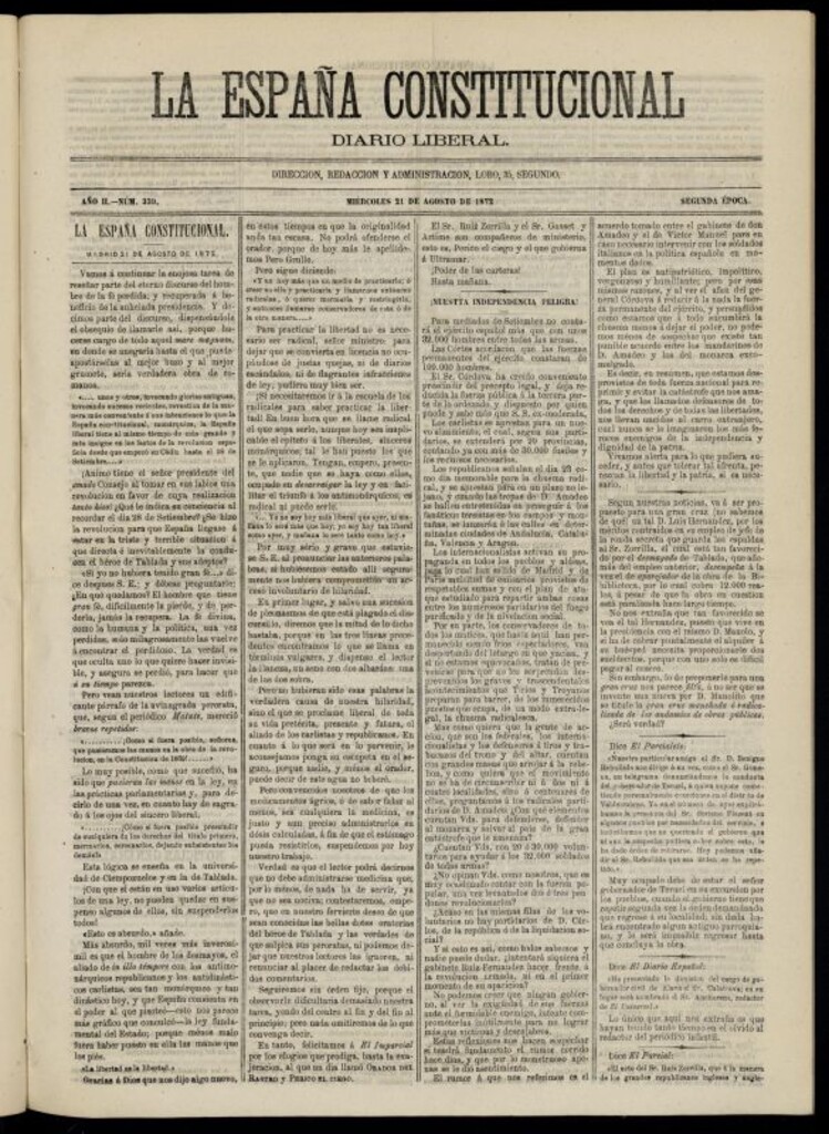 Miniatura de La España Constitucional : diario liberal del miércoles 21 de agosto de 1872. Número 339