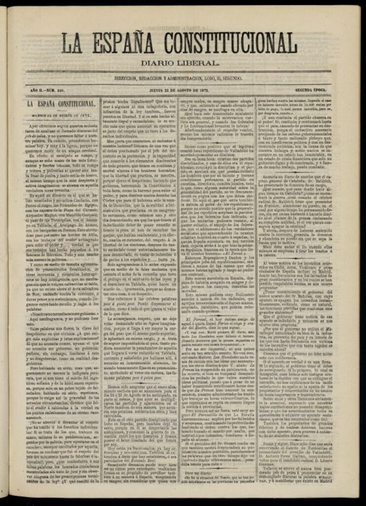 Miniatura de La España Constitucional : diario liberal del jueves 22 de agosto de 1872. Número 340