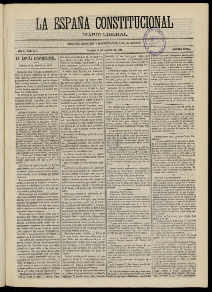 Miniatura de La España Constitucional : diario liberal del viernes 23 de agosto de 1872. Número 341