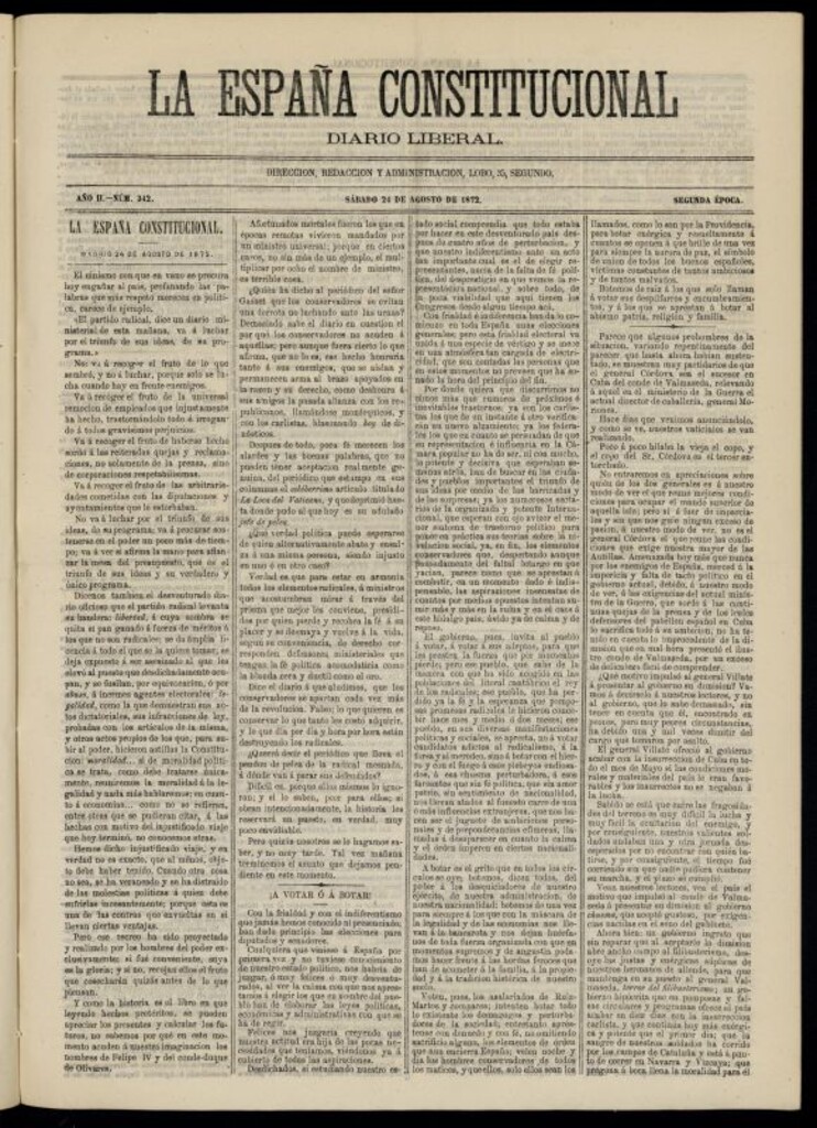 Miniatura de La España Constitucional : diario liberal del sábado 24 de agosto de 1872. Número 342