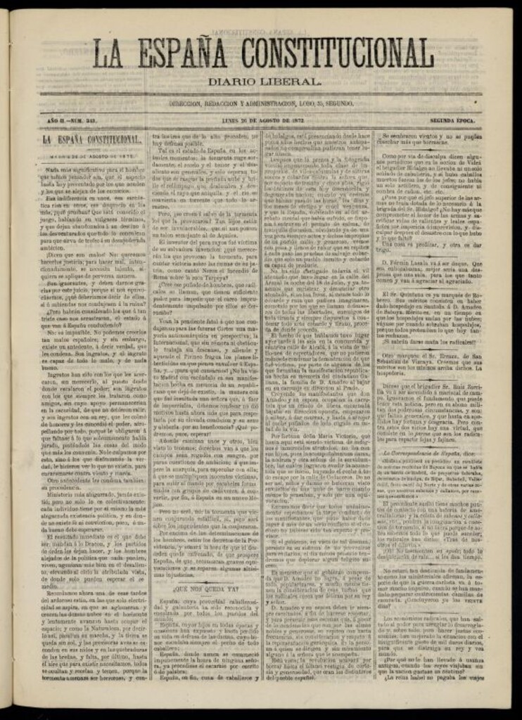 Miniatura de La España Constitucional : diario liberal del lunes 26 de agosto de 1872. Número 343