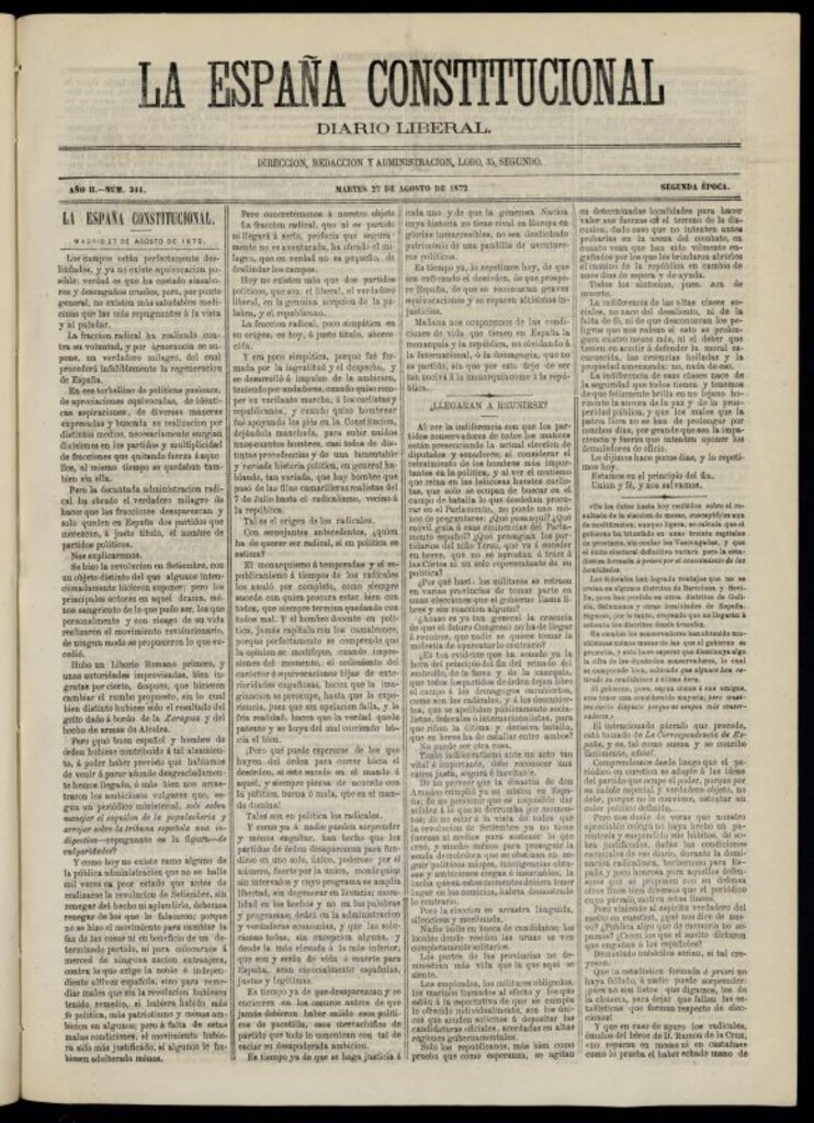Miniatura de La España Constitucional : diario liberal del martes 27 de agosto de 1872. Número 344