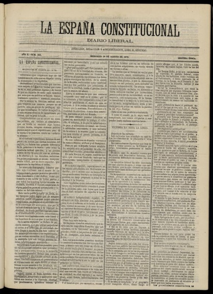 Miniatura de La España Constitucional : diario liberal del miércoles 28 de agosto de 1872. Número 345