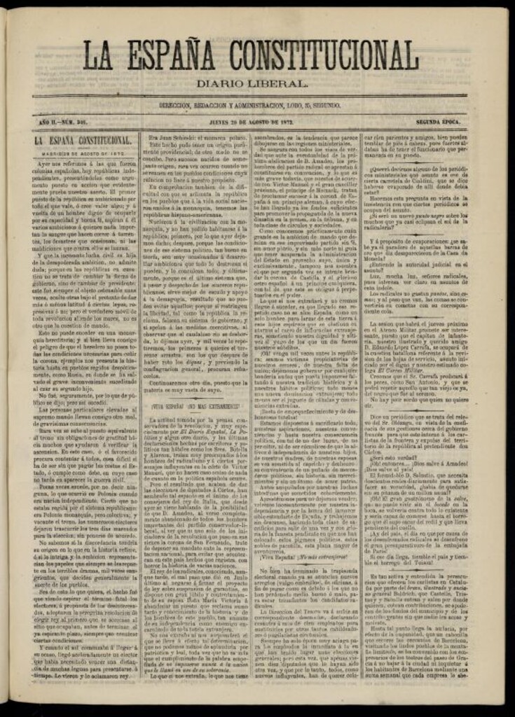 Miniatura de La España Constitucional : diario liberal del jueves 29 de agosto de 1872. Número 346