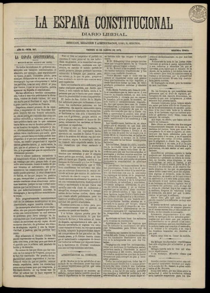 Miniatura de La España Constitucional : diario liberal del viernes 30 de agosto de 1872. Número 347