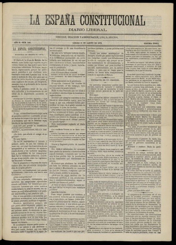 Miniatura de La España Constitucional : diario liberal del sábado 31 de agosto de 1872. Número 348