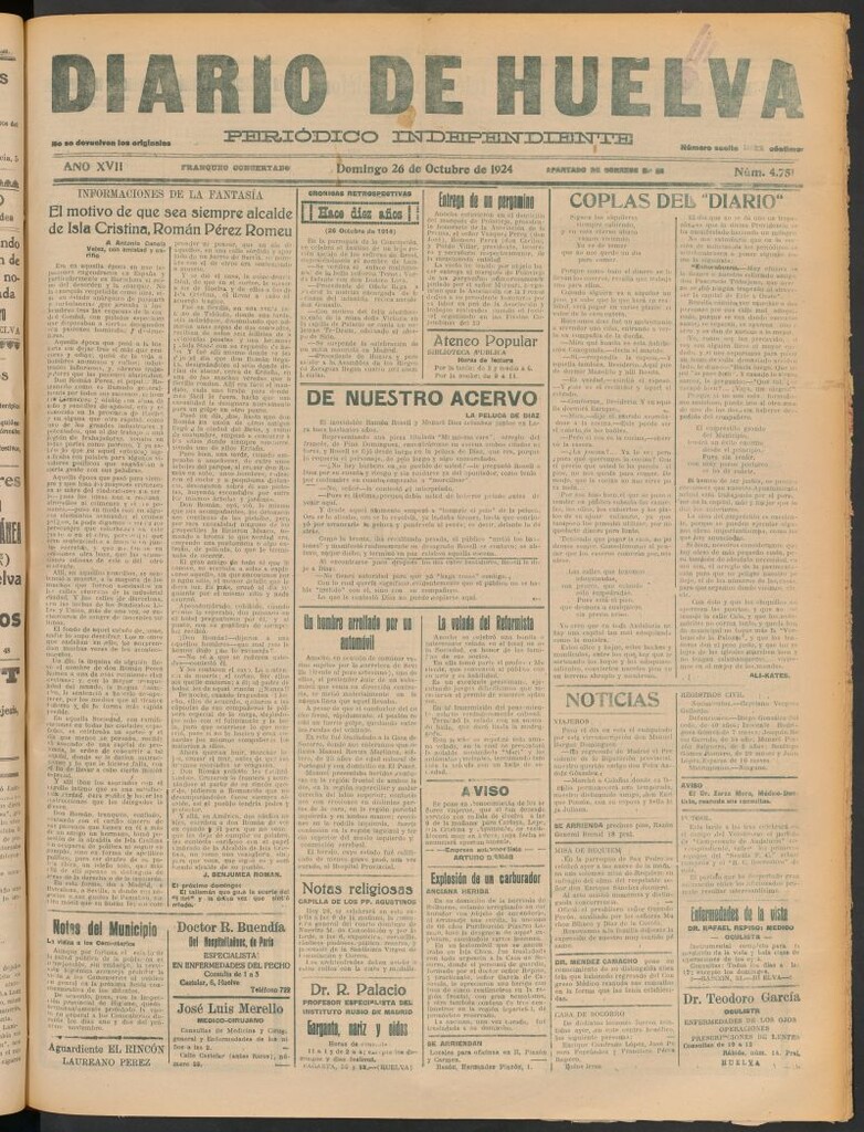 Miniatura de Diario de Huelva : periódico independiente del 26 de octubre de 1924