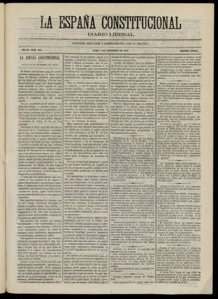 Miniatura de La España Constitucional : diario liberal del lunes 2 de septiembre de 1872. Número 349