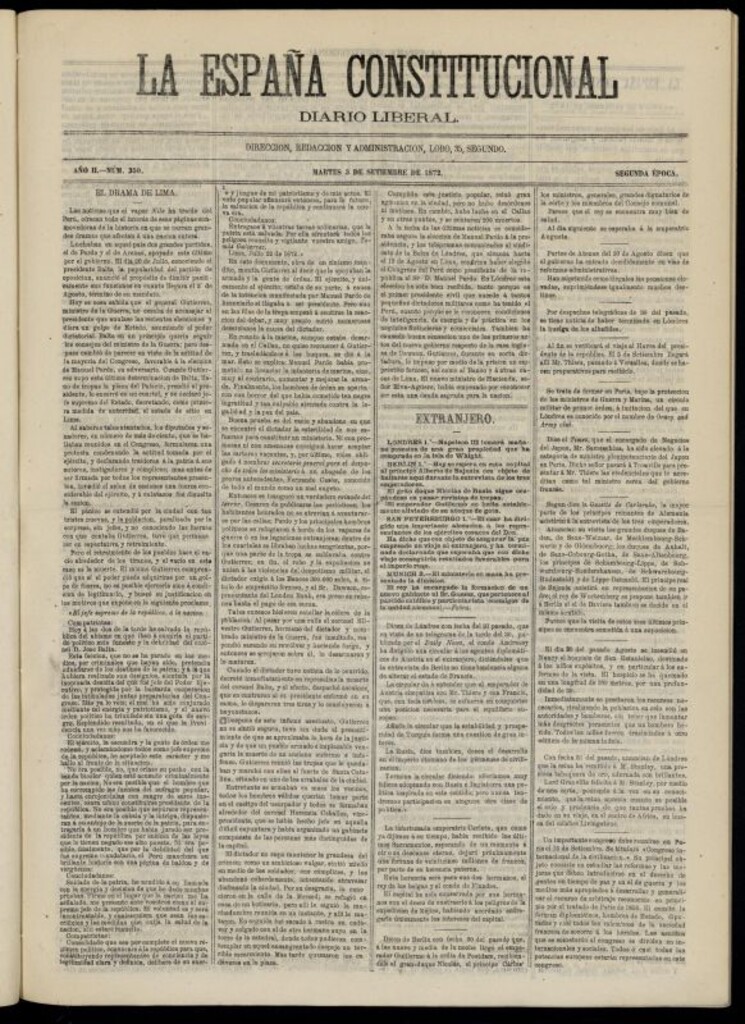 Miniatura de La España Constitucional : diario liberal del martes 3 de septiembre de 1872. Número 350