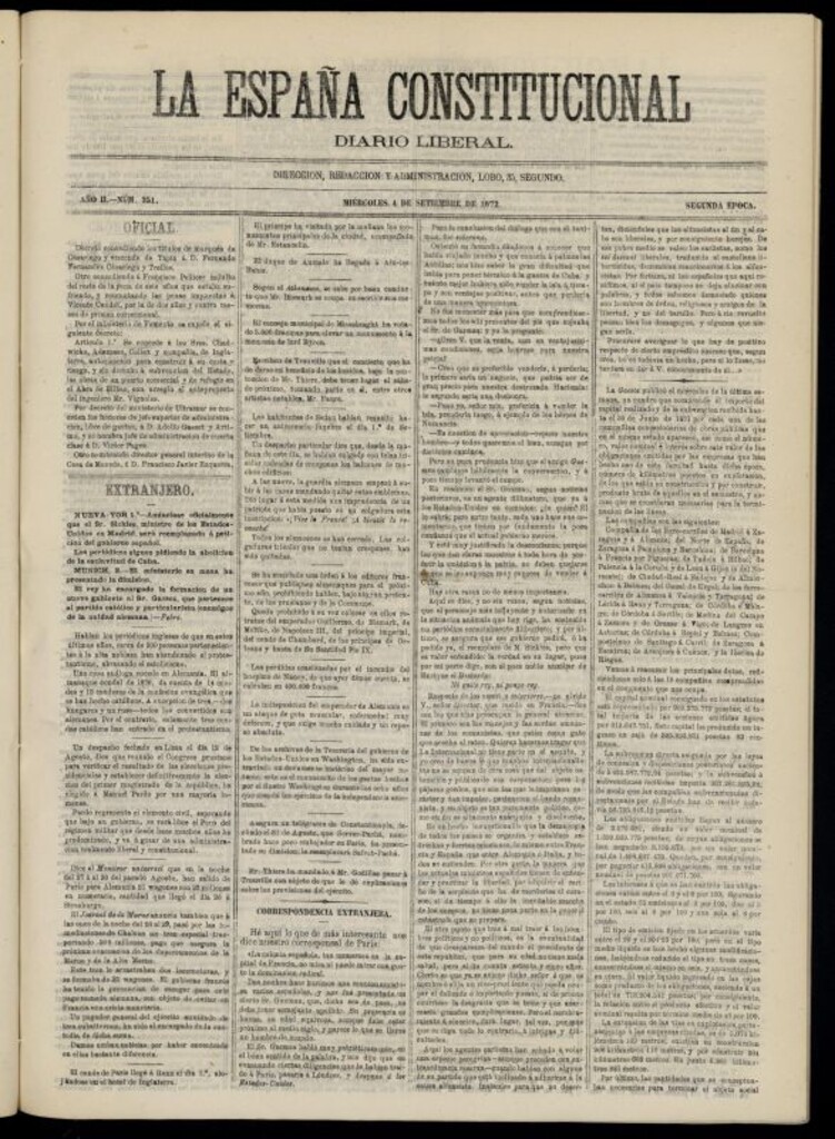 Miniatura de La España Constitucional : diario liberal del miércoles 4 de septiembre de 1872. Número 351