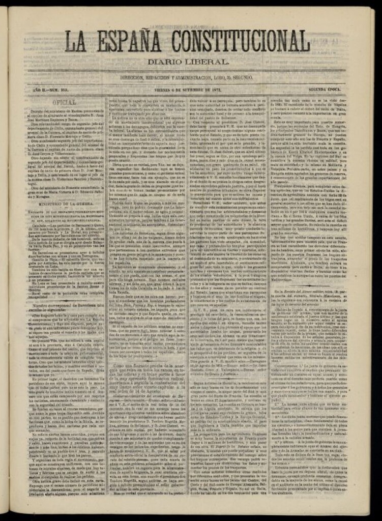 Miniatura de La España Constitucional : diario liberal del viernes 6 de septiembre de 1872. Número 353