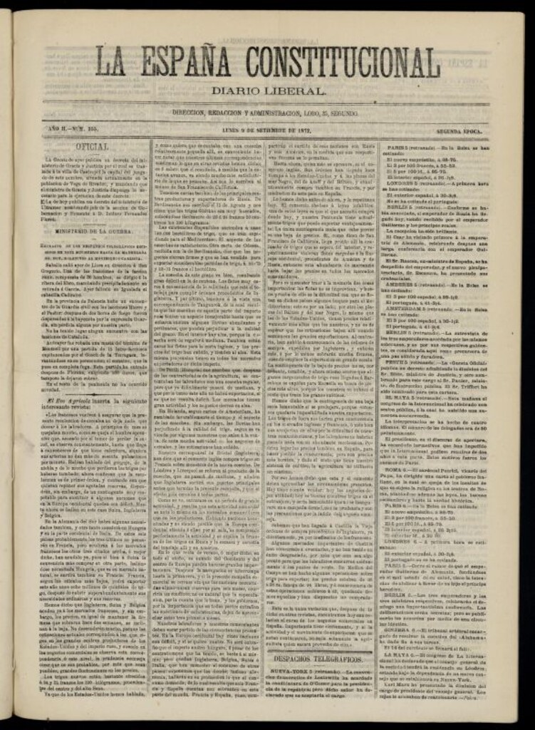 Miniatura de La España Constitucional : diario liberal del lunes 9 de septiembre de 1872. Número 355