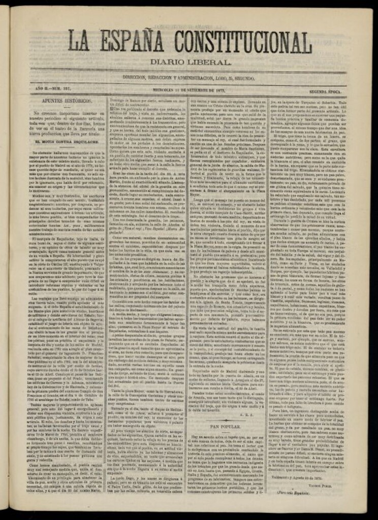 Miniatura de La España Constitucional : diario liberal del miércoles 11 de septiembre de 1872. Número 357