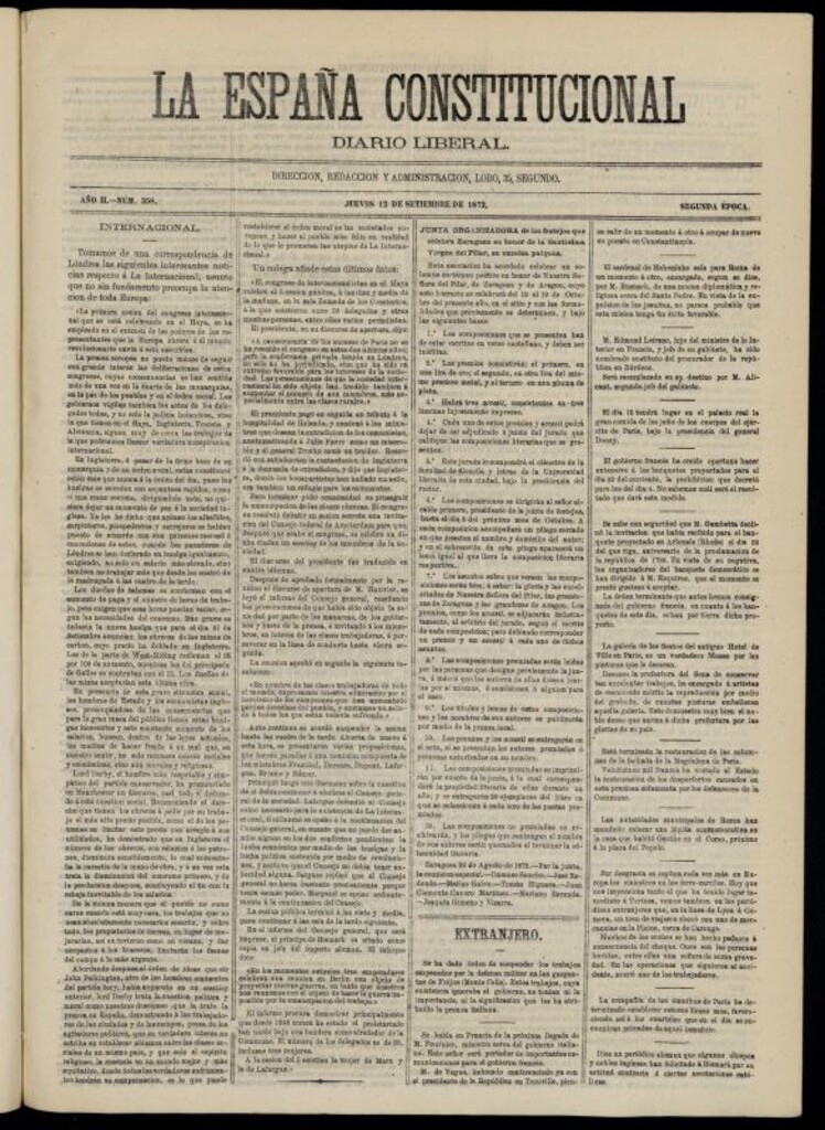 Miniatura de La España Constitucional : diario liberal del jueves 12 de septiembre de 1872. Número 358