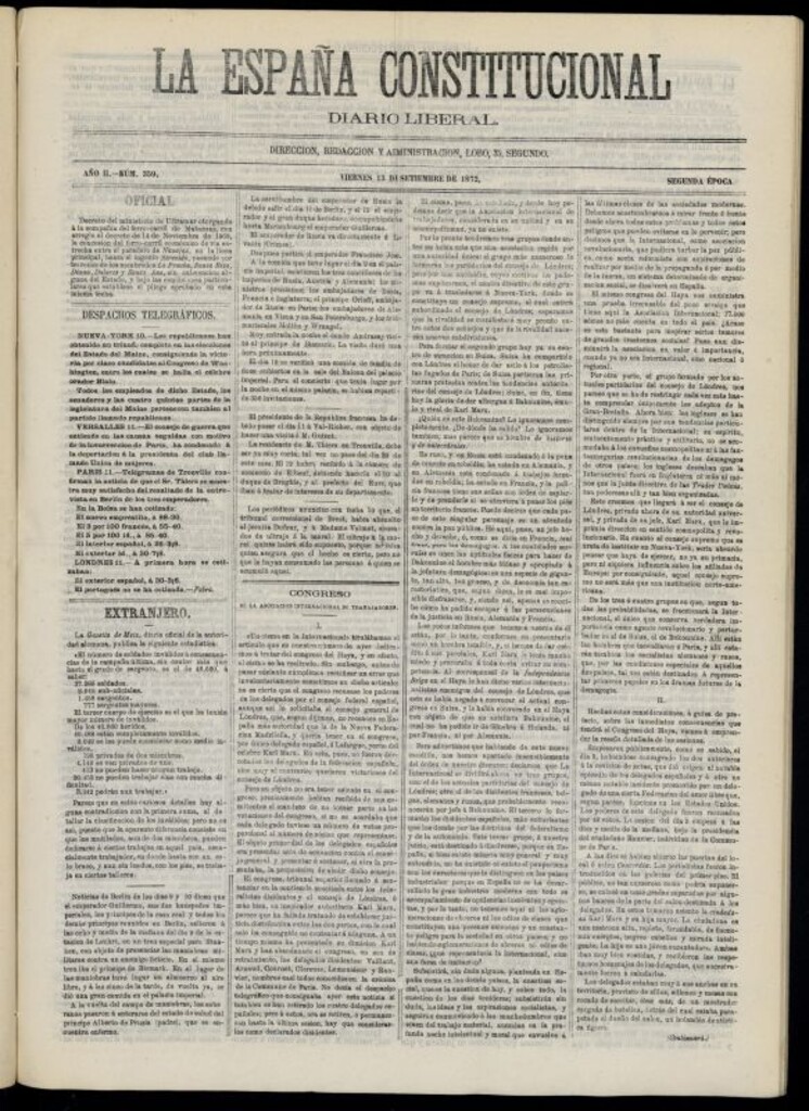 Miniatura de La España Constitucional : diario liberal del viernes 13 de septiembre de 1872. Número 359
