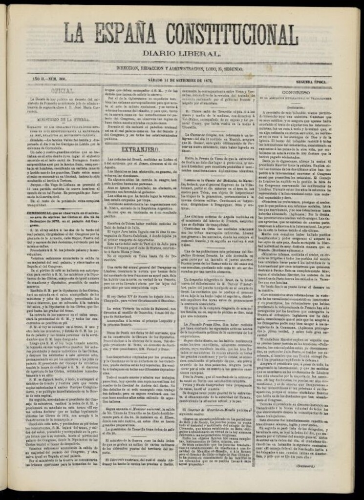 Miniatura de La España Constitucional : diario liberal del sábado 14 de septiembre de 1872. Número 360