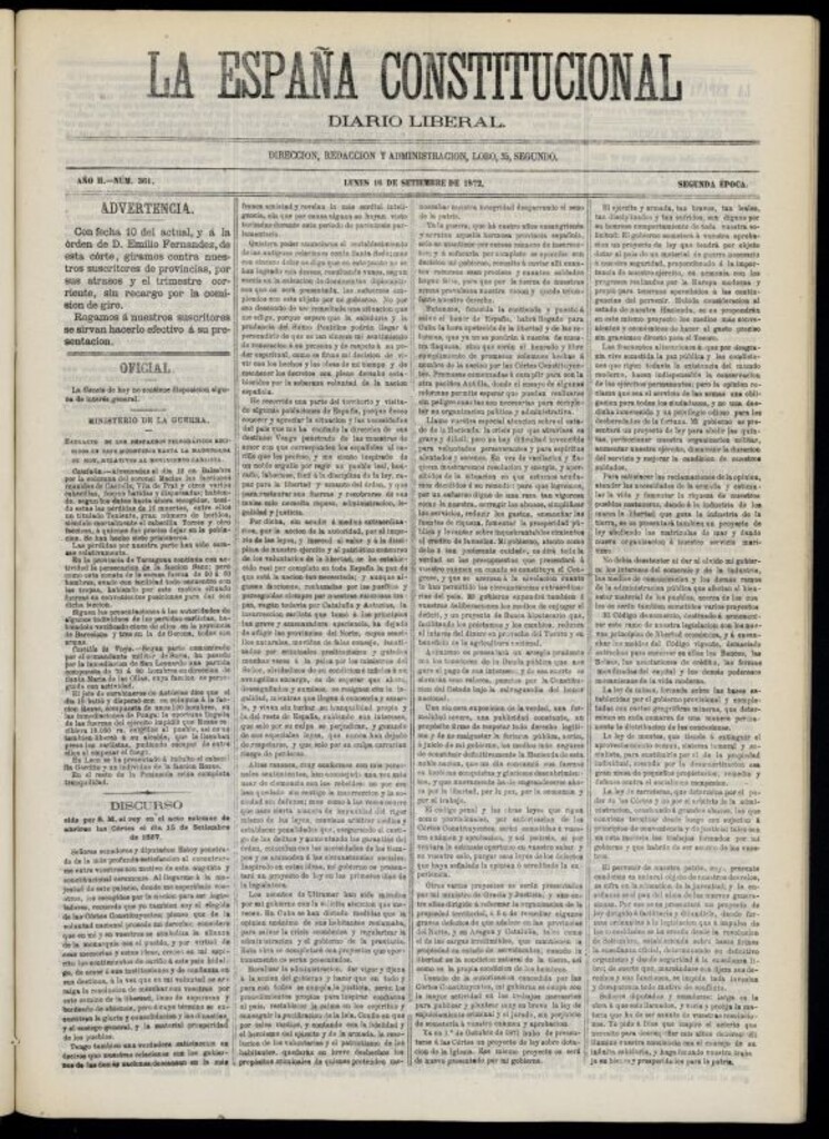 Miniatura de La España Constitucional : diario liberal del lunes 16 de septiembre de 1872. Número 361