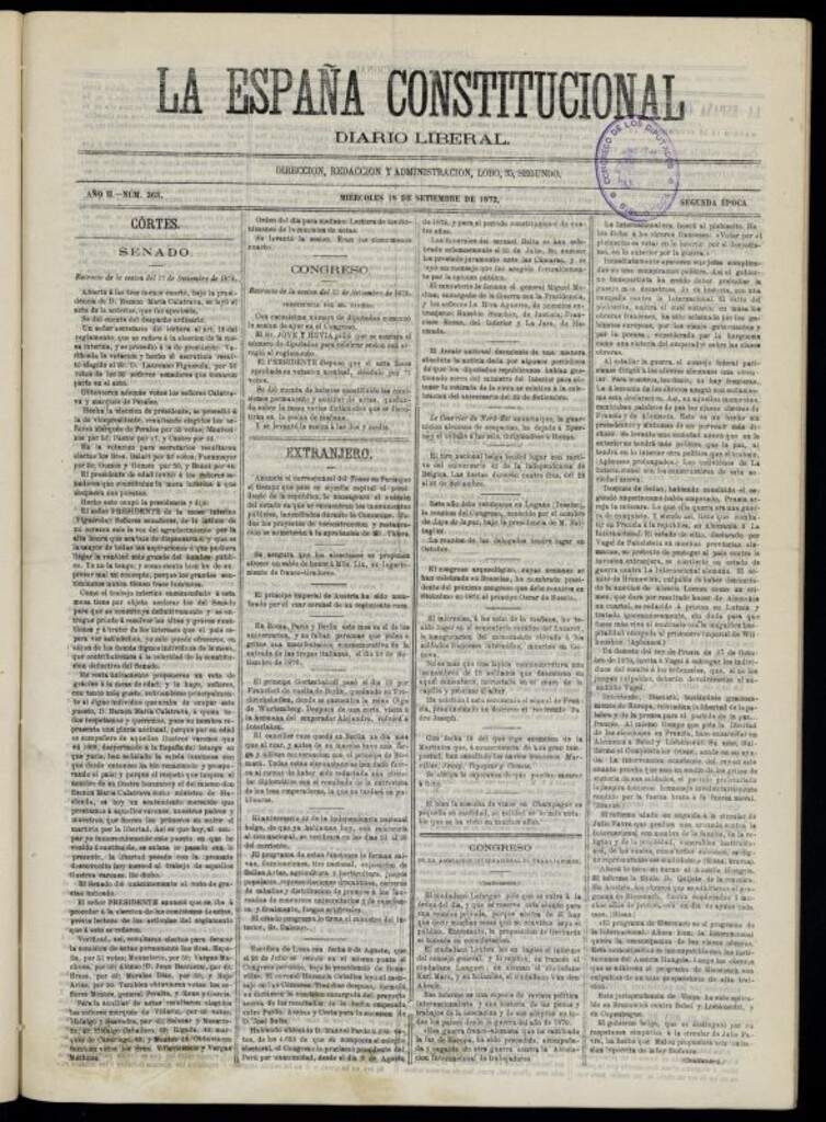 Miniatura de La España Constitucional : diario liberal del miércoles 18 de septiembre de 1872. Número 363