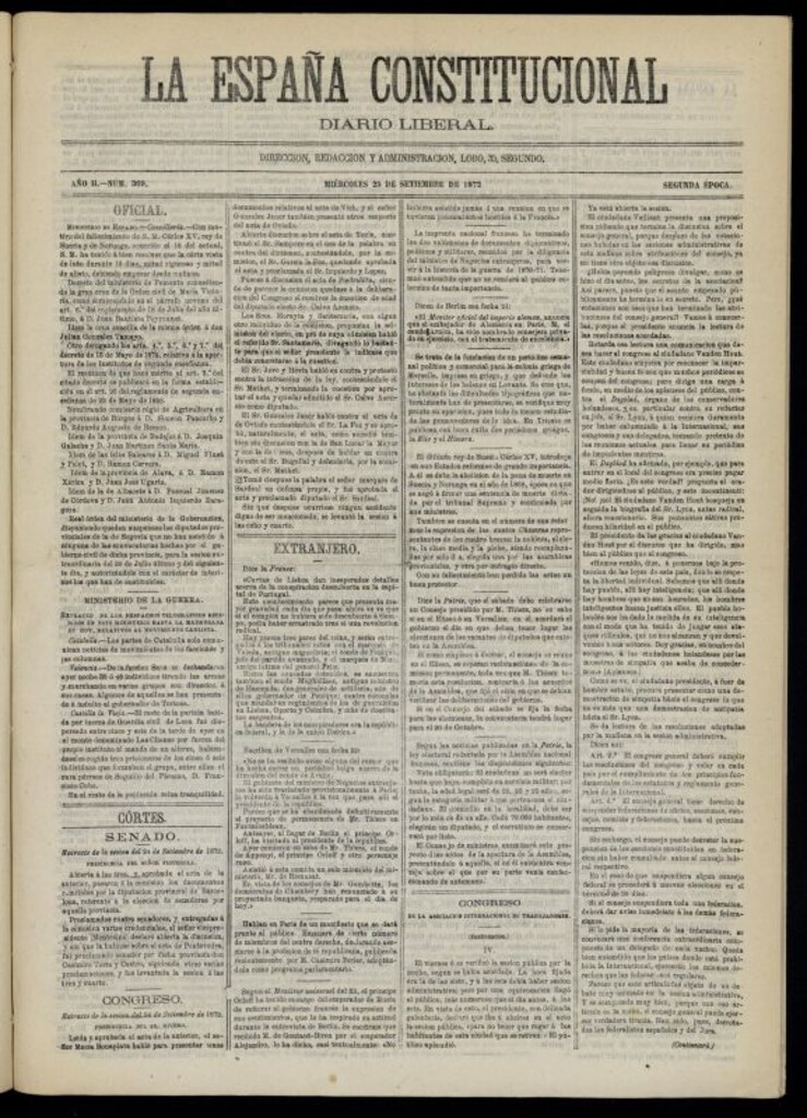 Miniatura de La España Constitucional : diario liberal del miércoles 25 de septiembre de 1872. Número 369