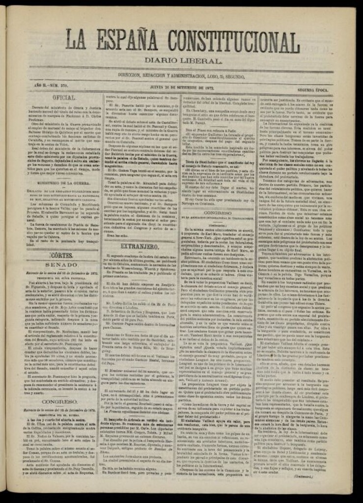 Miniatura de La España Constitucional : diario liberal del jueves 26 de septiembre de 1872. Número 370