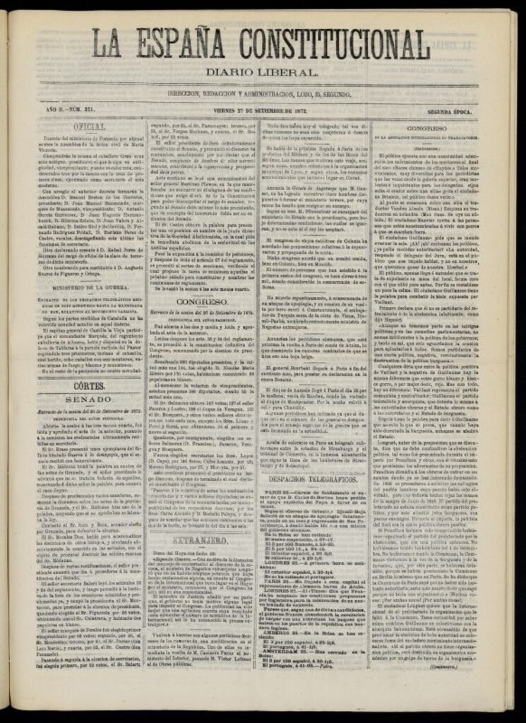 Miniatura de La España Constitucional : diario liberal del viernes 27 de septiembre de 1872. Número 371