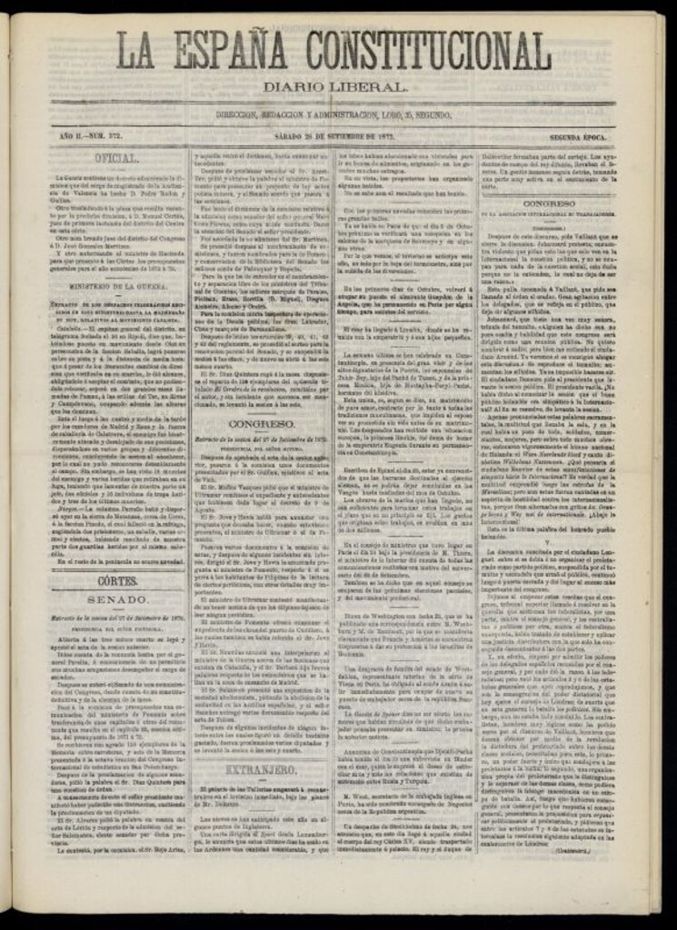 Miniatura de La España Constitucional : diario liberal del sábado 28 de septiembre de 1872. Número 372