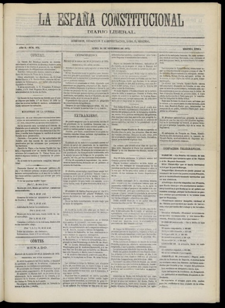 Miniatura de La España Constitucional : diario liberal del lunes 30 de septiembre de 1872. Número 373