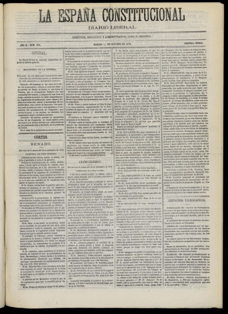 Miniatura de La España Constitucional : diario liberal del martes 1 de octubre de 1872. Número 374